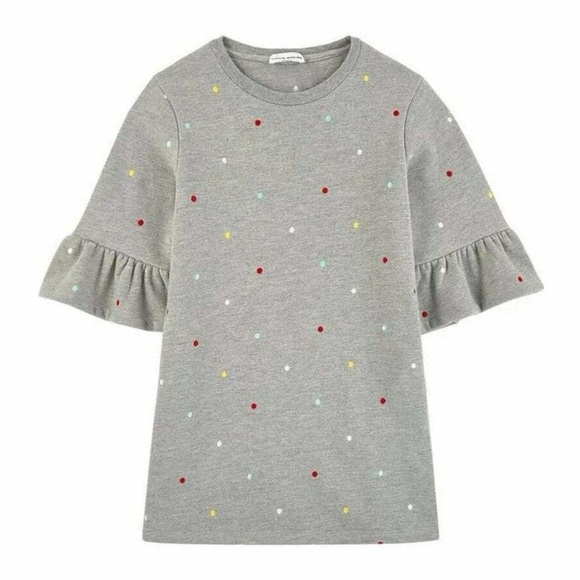 Sonia Rykiel Paris Gray Jersey Dress Embroidered Polka Dot Fleece Ruffle 14Y - Picture 1 of 8